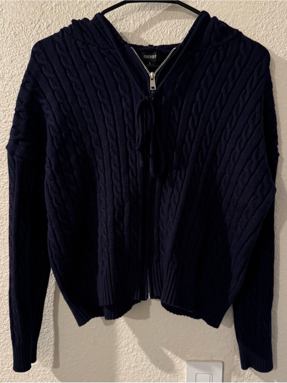 Forever 21 Navy Cable-Knit Hooded Zip Cardigan